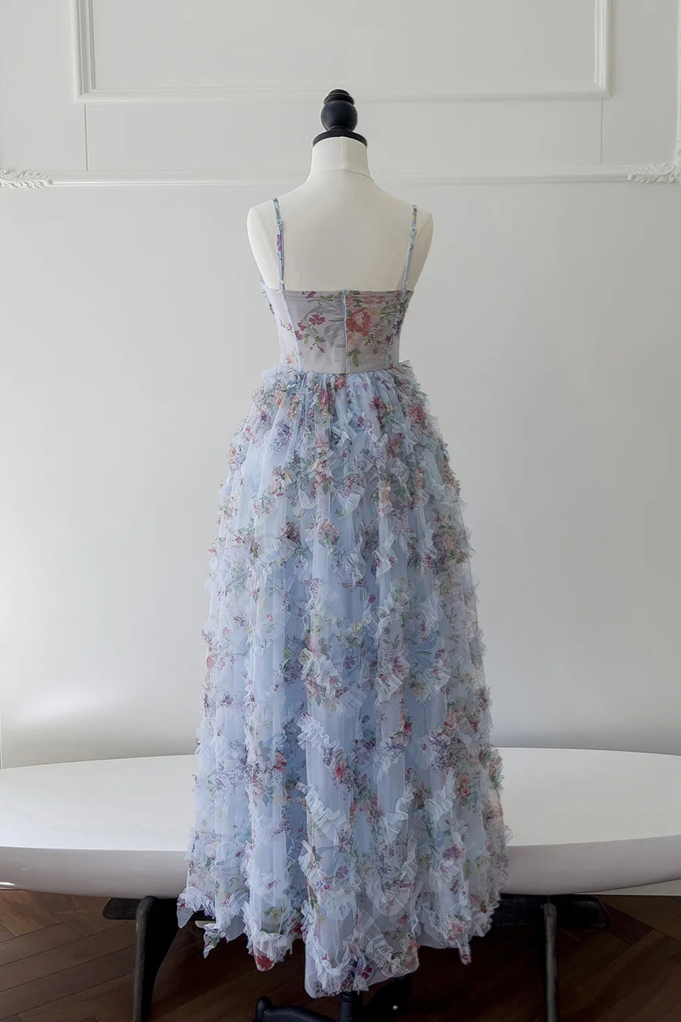 Vestido Weitese con tirantes finos, estampado floral azul, vestido largo fruncido, vestido de fiesta